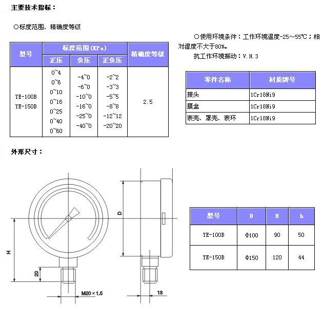 YE-150B不锈钢波纹管压力表